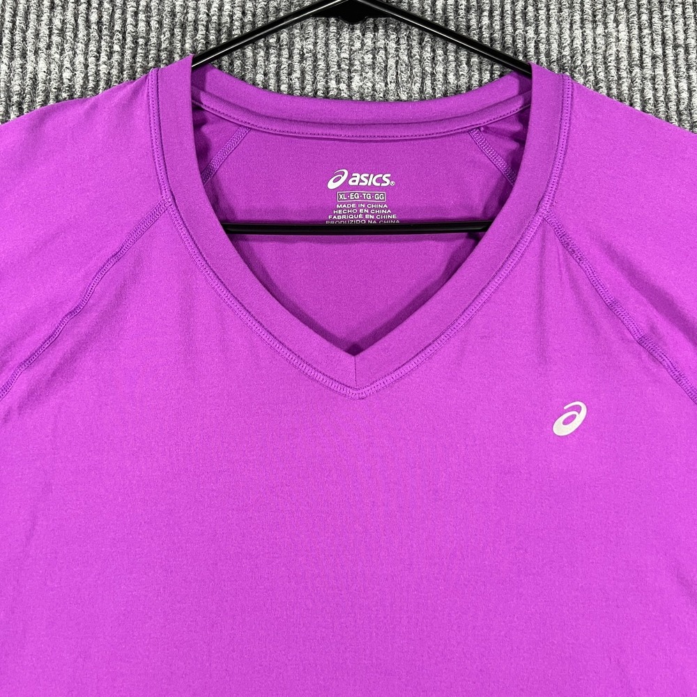 ASICS Shirt Womens XL Extra Large Purple Short Sleeve V Neck Running Active